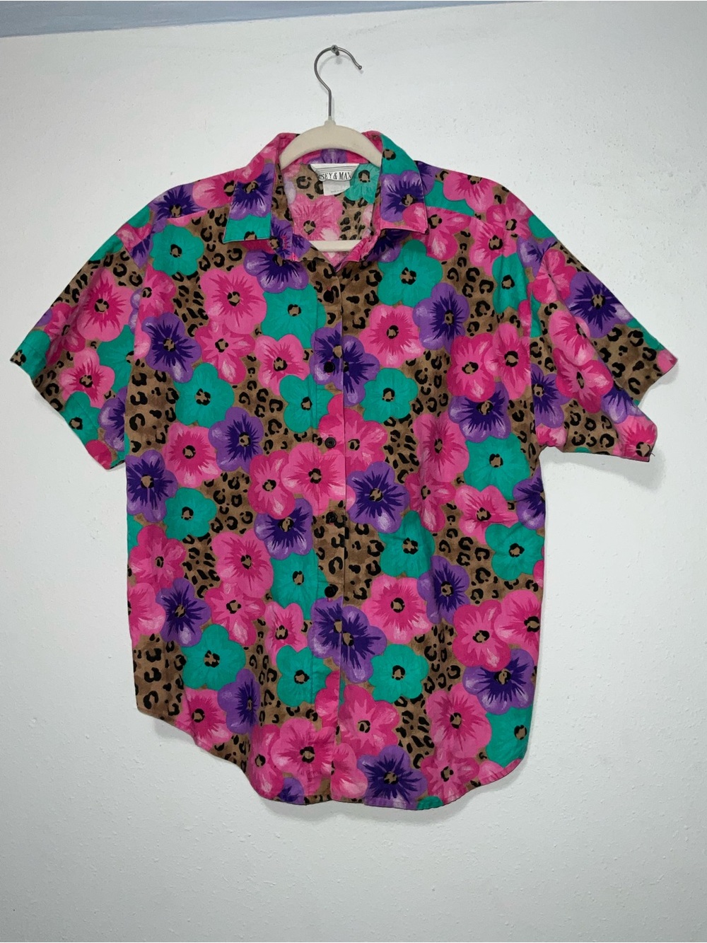 Vintage 90s Casey & Max Neon Floral Leopard Button Up Shirt L Cotton Made in USA